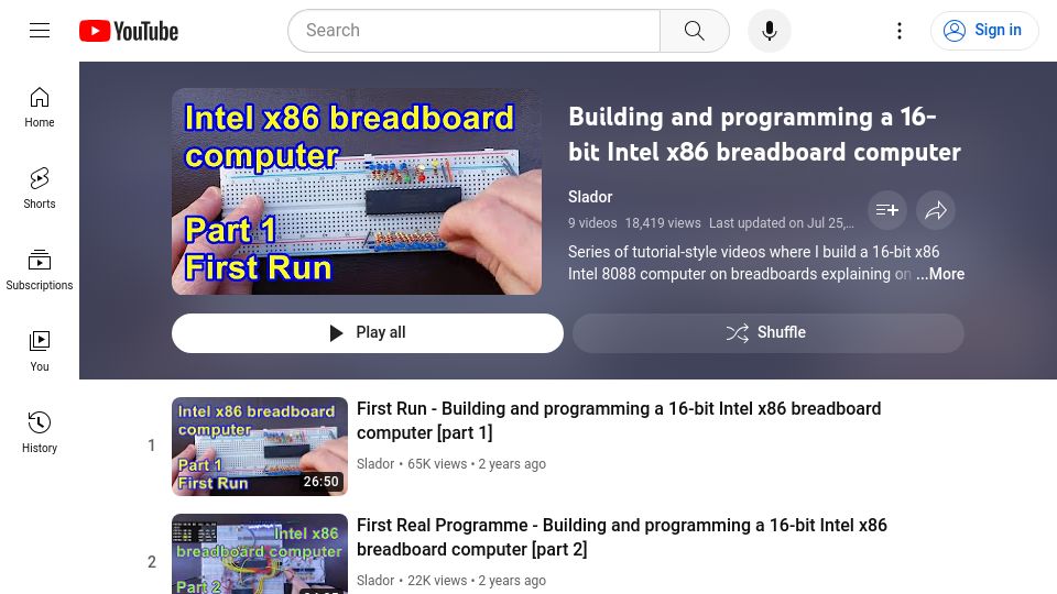 Screenshot of youtube.com: Building and programming a 16-bit Intel x86 breadboard computer [video]