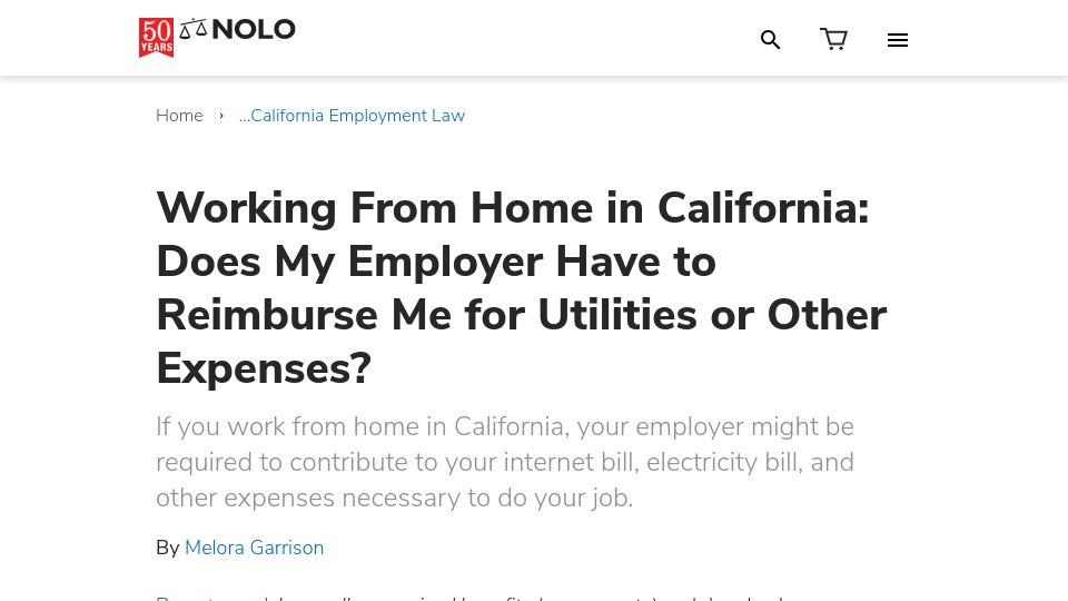 Screenshot of nolo.com: California employers must reimburse remote workers for all necessary expenses