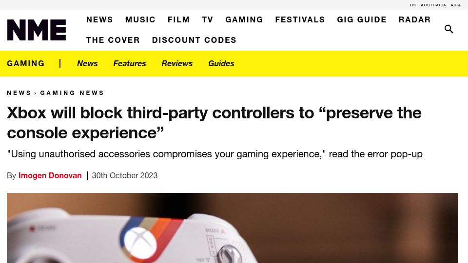 Screenshot of nme.com: Xbox will block third-party controllers to "preserve the console experience"
