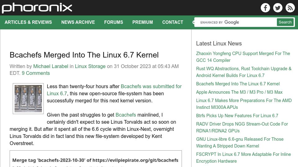 Screenshot of phoronix.com: Bcachefs Merged into the Linux 6.7 Kernel