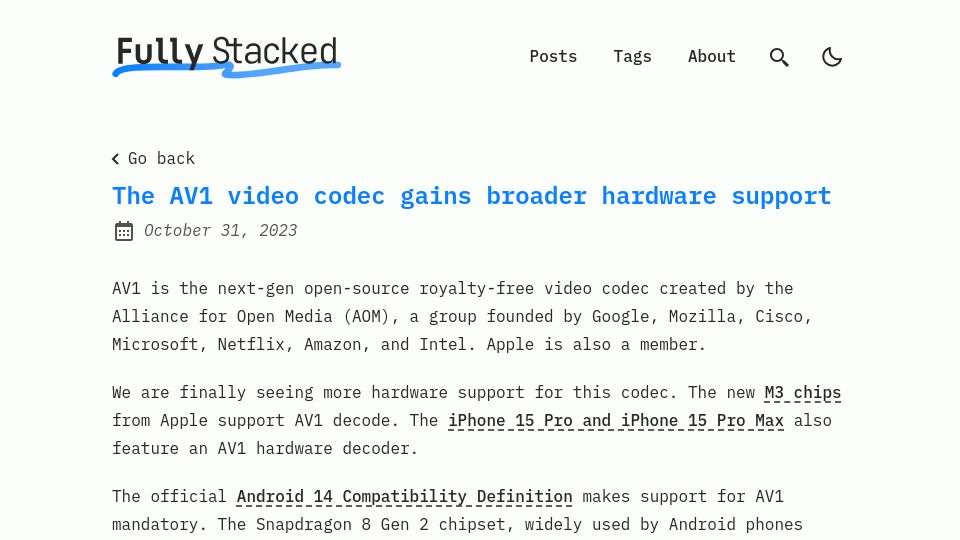 Screenshot of fullystacked.net: AV1 video codec gains broader hardware support
