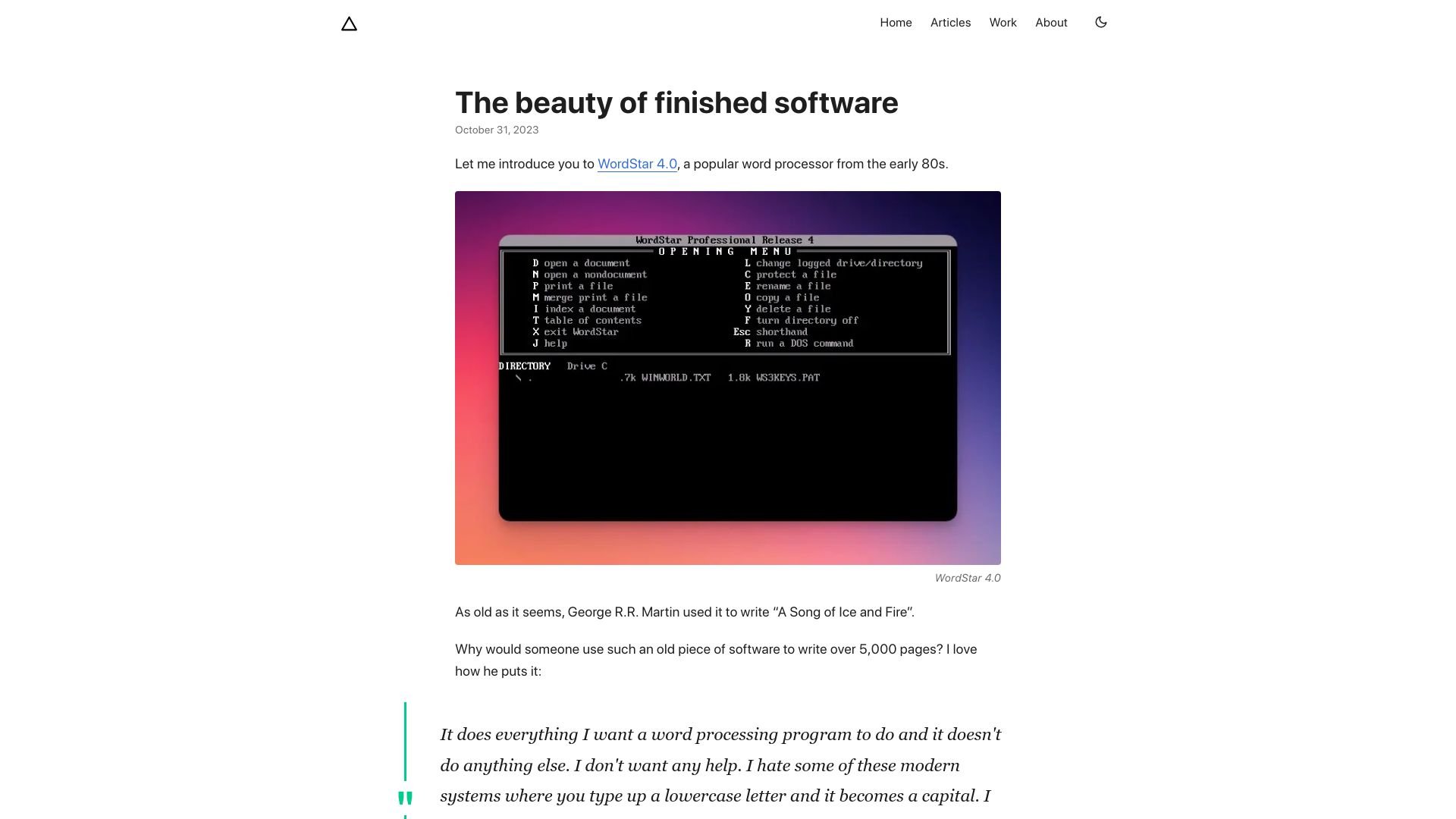 Screenshot of josem.co: The beauty of finished software