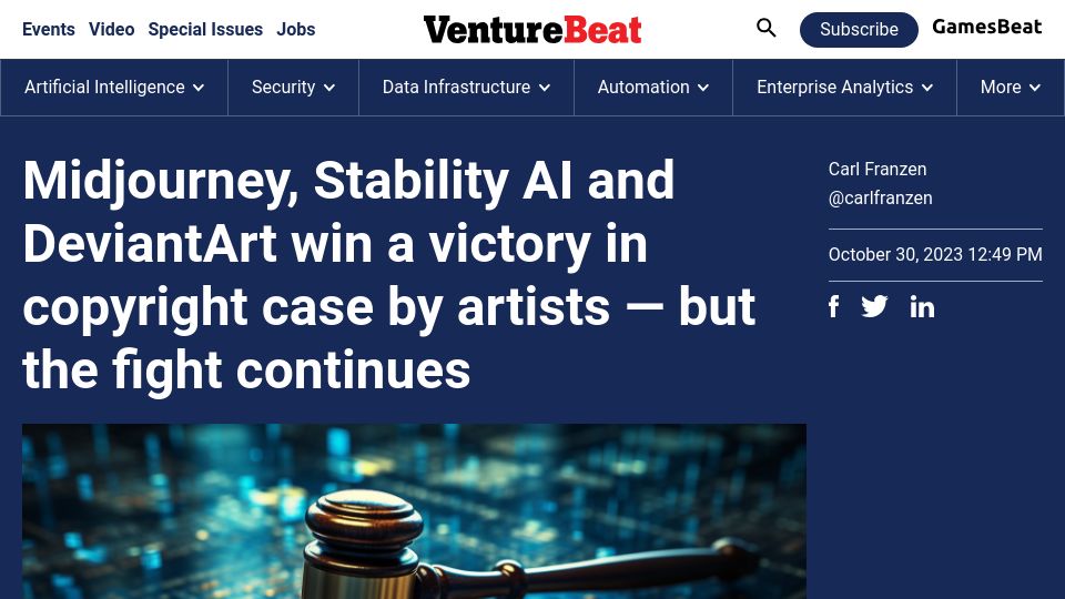 Screenshot of venturebeat.com: Midjourney, Stability AI and DeviantArt win a victory in copyright case
