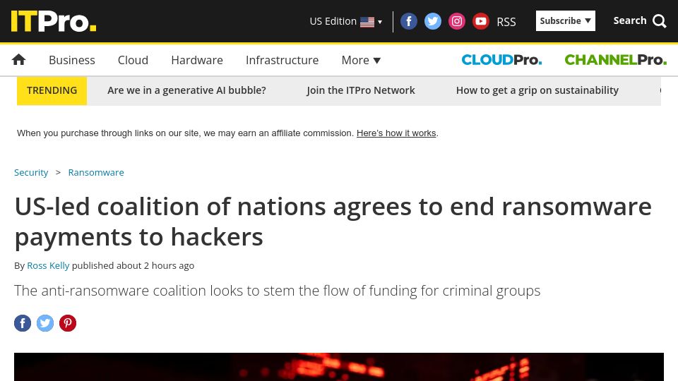 Screenshot of reuters.com: Alliance of 40 countries to vow not to pay ransom to cybercriminals, US says