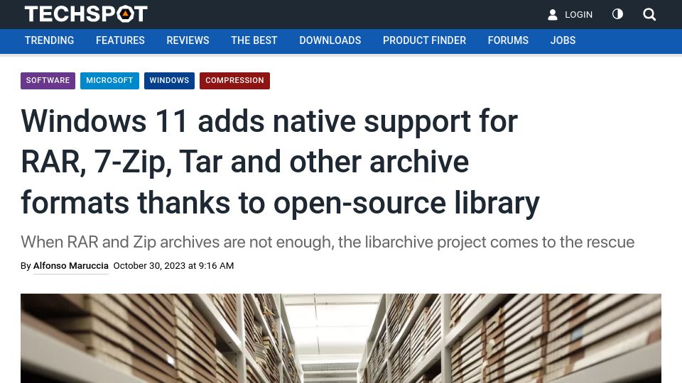 Screenshot of techspot.com: Windows 11 adds native support for RAR, 7-Zip, Tar and other archive formats