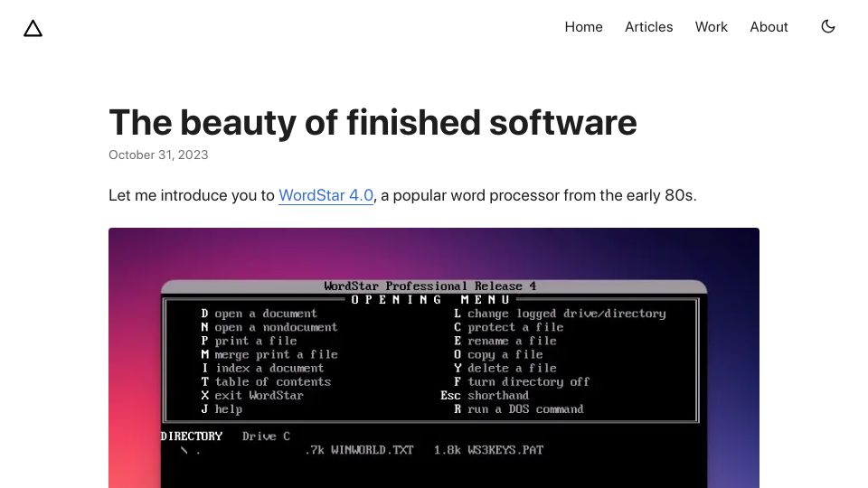 Screenshot of josem.co: The beauty of finished software