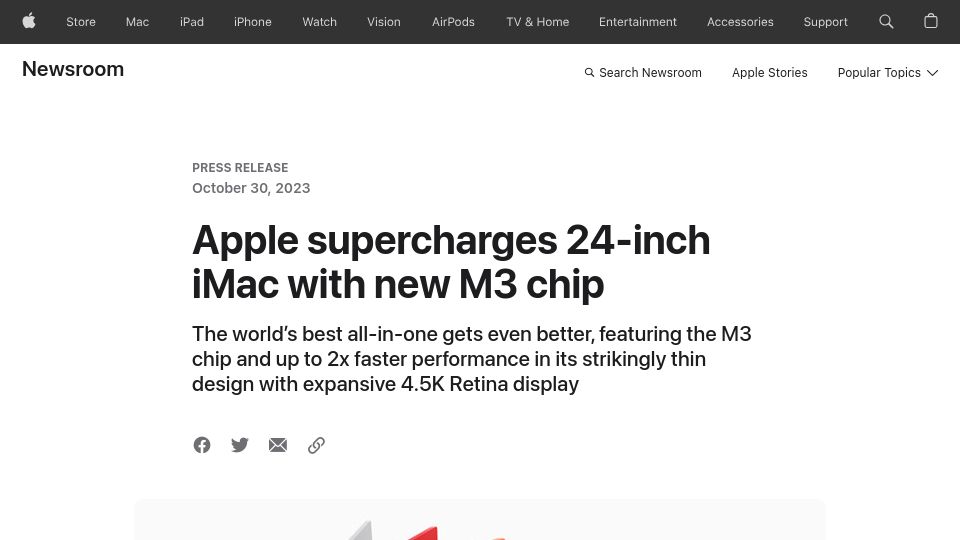 Screenshot of apple.com: Apple supercharges 24‑inch iMac with new M3 chip