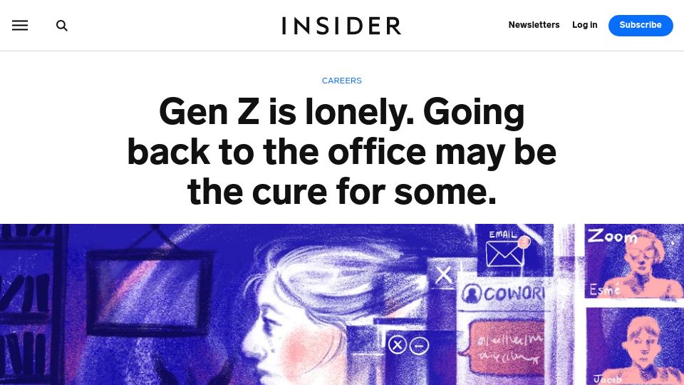Screenshot of businessinsider.com: Gen Z is lonely. Going back to the office may be the cure for some