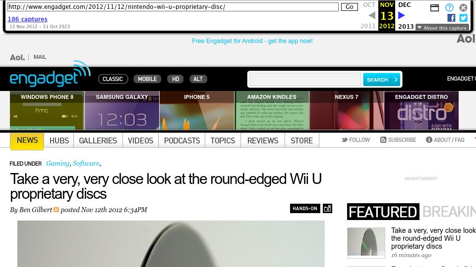 Screenshot of web.archive.org: A close look at the round-edged Wii U proprietary discs (2012)