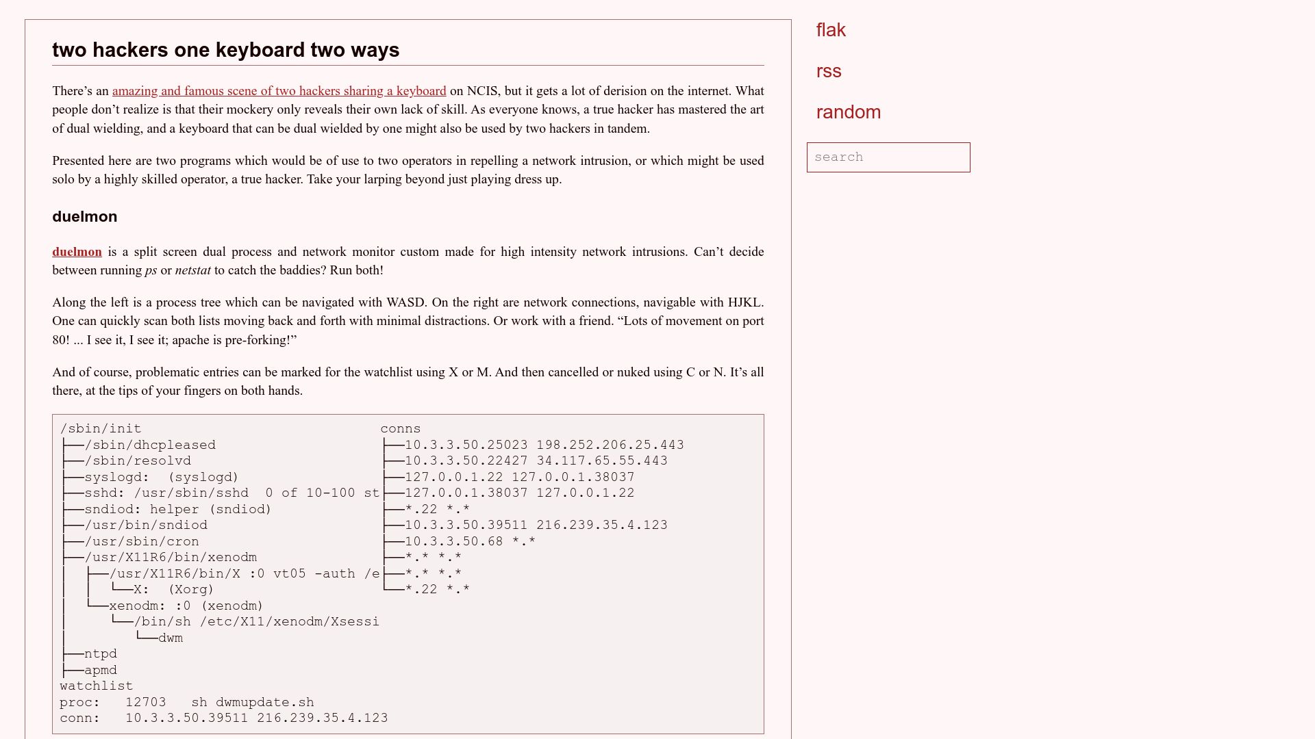 Screenshot of flak.tedunangst.com: Two hackers one keyboard two ways