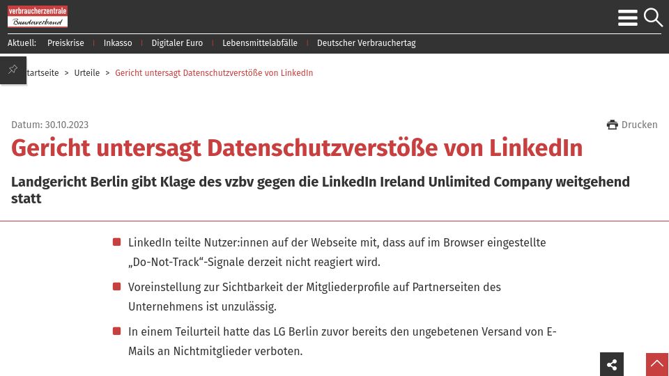 Screenshot of stackdiary.com: German court prohibits LinkedIn from ignoring "Do Not Track" signals