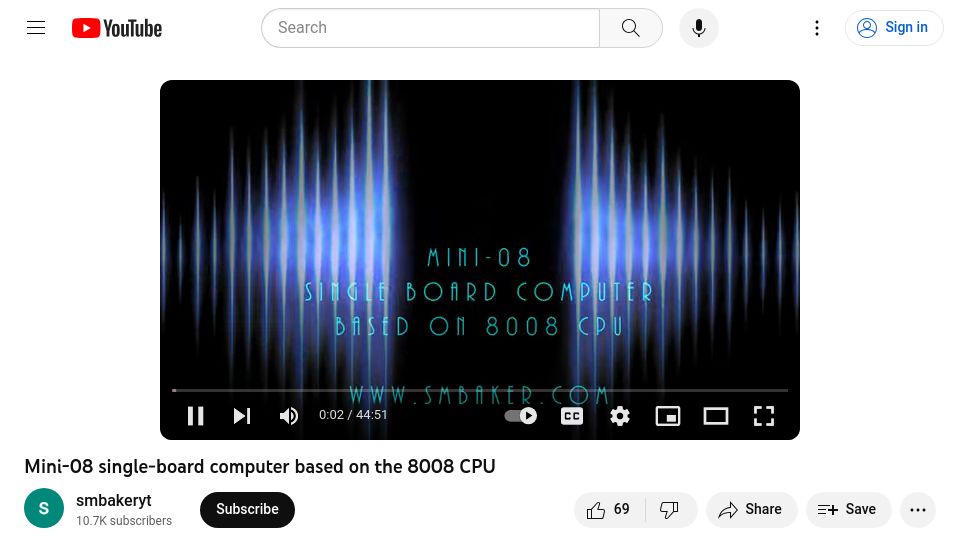 Screenshot of youtube.com: Mini-08 single-board computer based on the 8008 CPU [video]