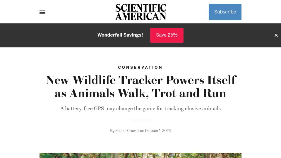 Screenshot of scientificamerican.com: New wildlife GPS tracker uses kinetic energy for power