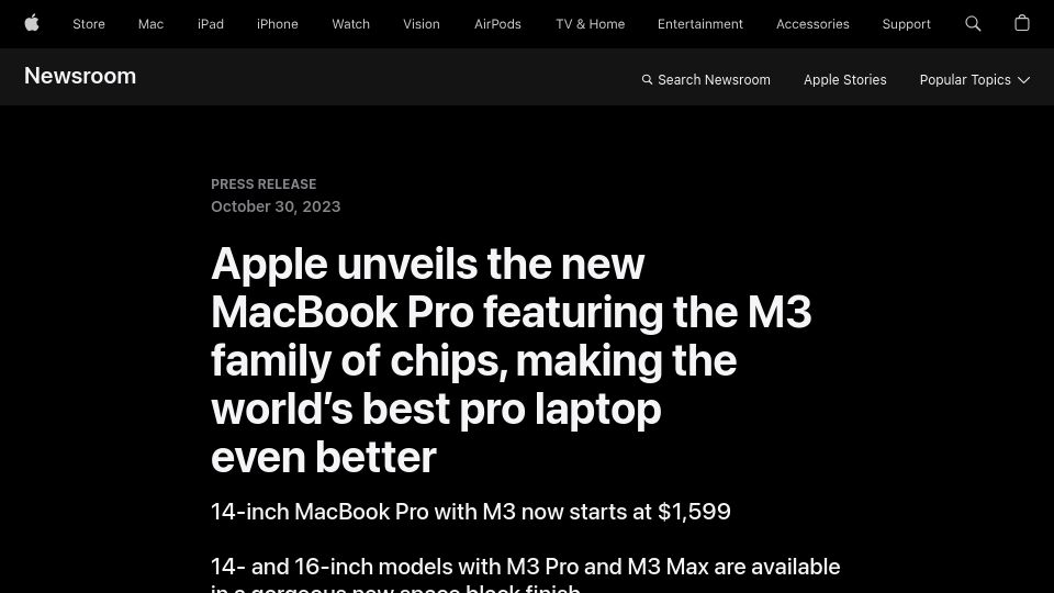 Screenshot of apple.com: Apple unveils the new MacBook Pro featuring the M3 family of chips