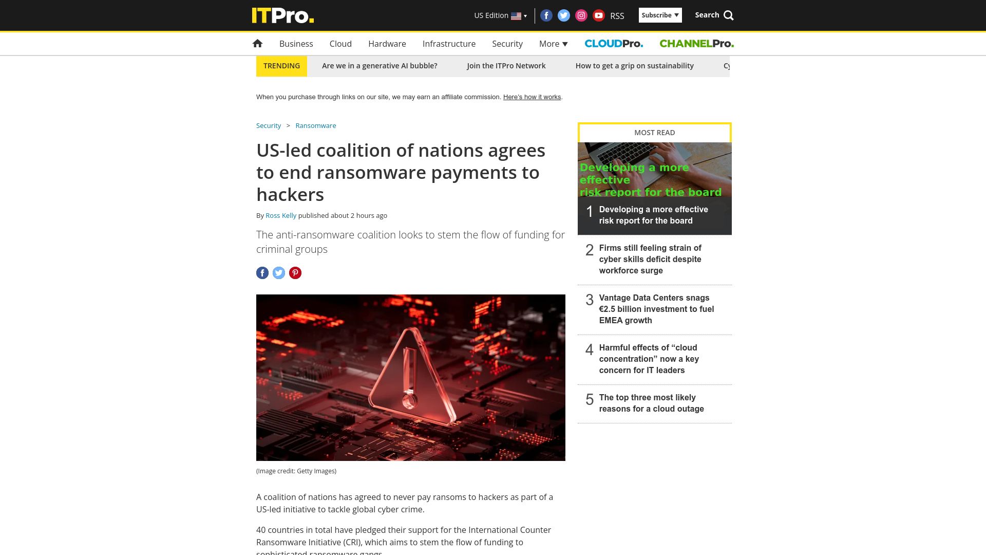 Screenshot of reuters.com: Alliance of 40 countries to vow not to pay ransom to cybercriminals, US says