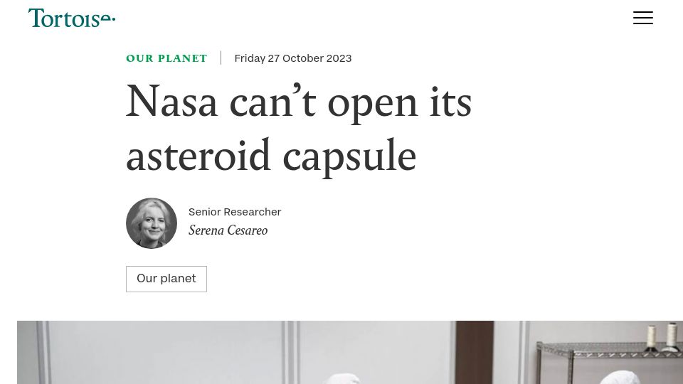 Screenshot of tortoisemedia.com: NASA can't open its asteroid capsule