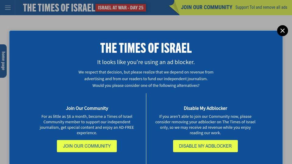 Screenshot of timesofisrael.com: Israeli Proposal to force all of Gaza's 2.3M people into Egypt revealed
