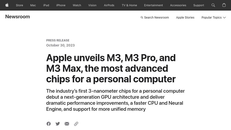 Screenshot of apple.com: Apple unveils M3, M3 Pro, and M3 Max