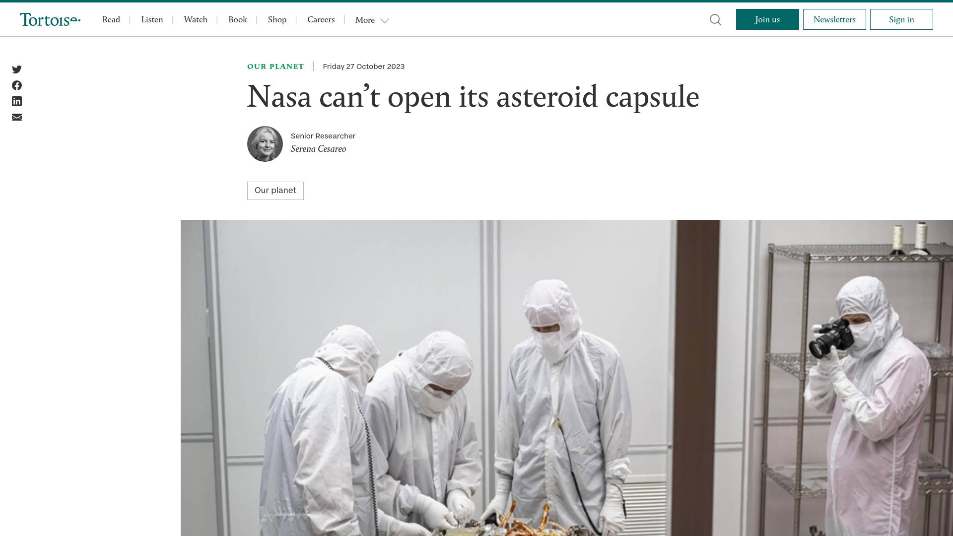 Screenshot of tortoisemedia.com: NASA can't open its asteroid capsule