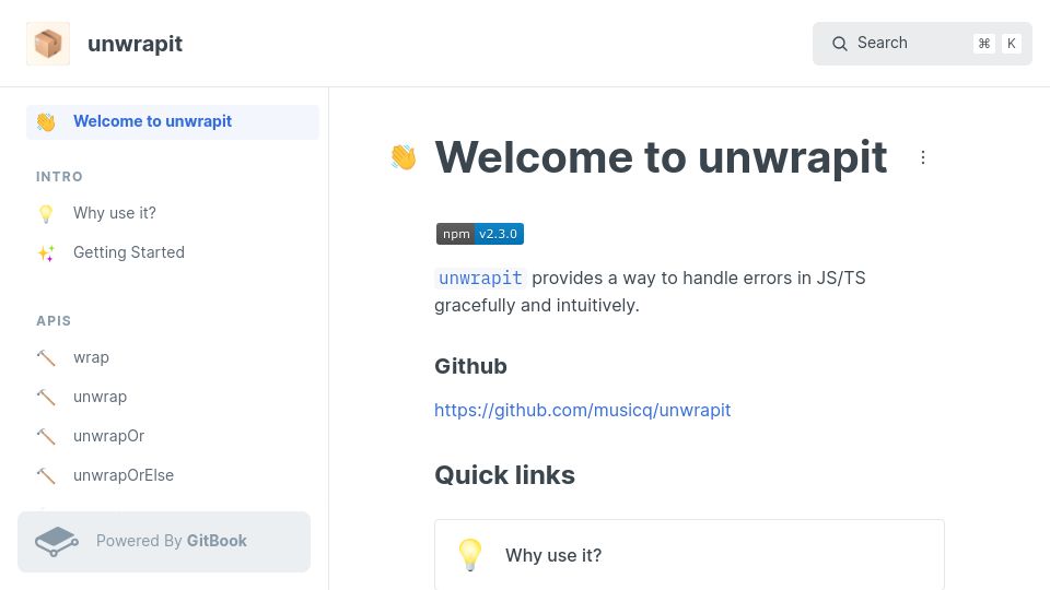 Screenshot of musicq.gitbook.io: Unwrapit provides a way to handle errors in JS/TS