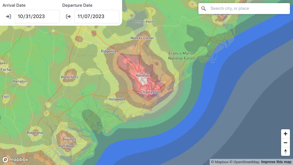 Screenshot of darkhotels.co: I've overlayed stays on a light pollution satellite map
