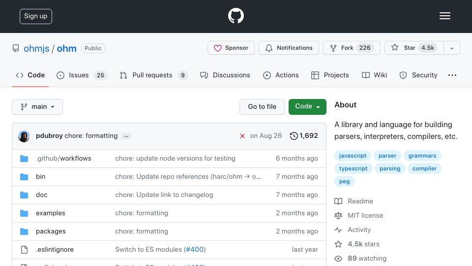 Screenshot of github.com: Ohm: A library and language for building parsers, interpreters, compilers, etc.