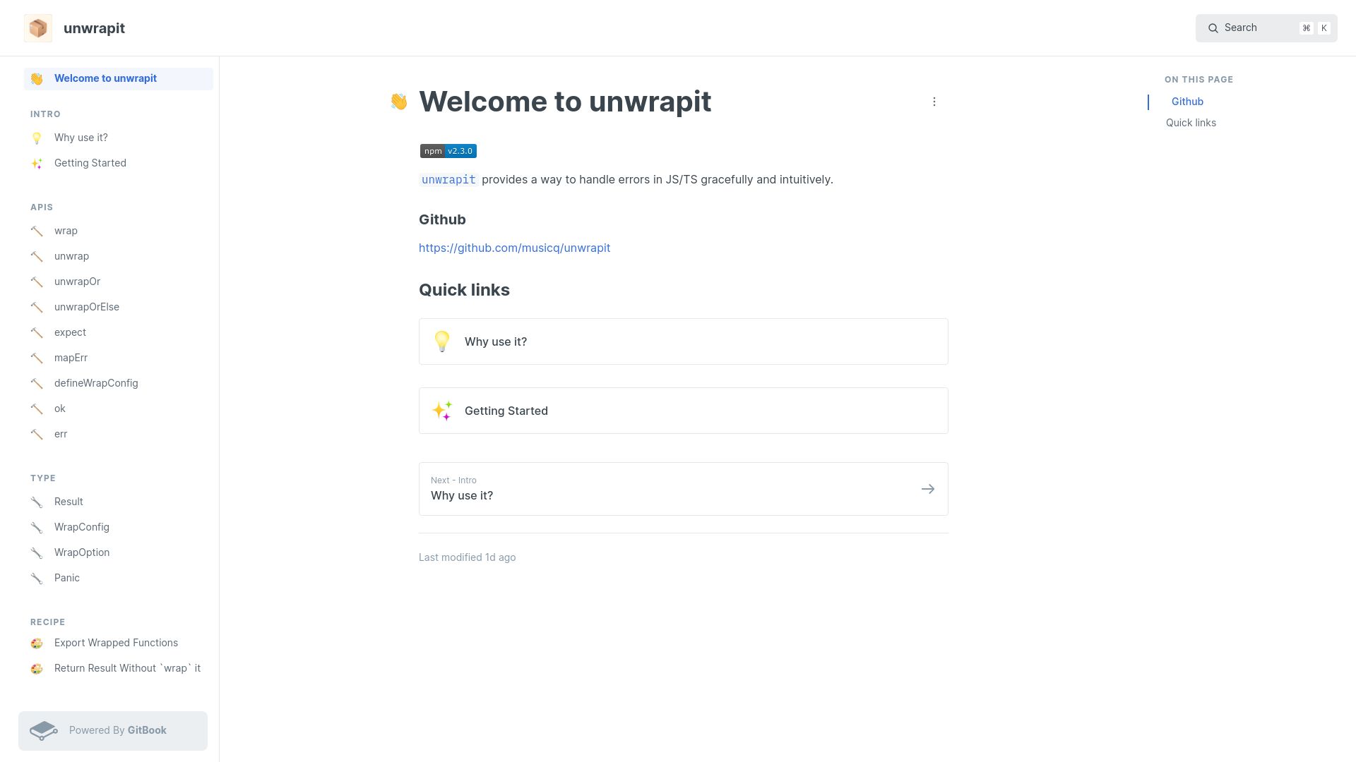 Screenshot of musicq.gitbook.io: Unwrapit provides a way to handle errors in JS/TS