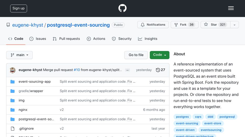 Screenshot of github.com: Show HN: Light implementation of Event Sourcing using PostgreSQL as event store