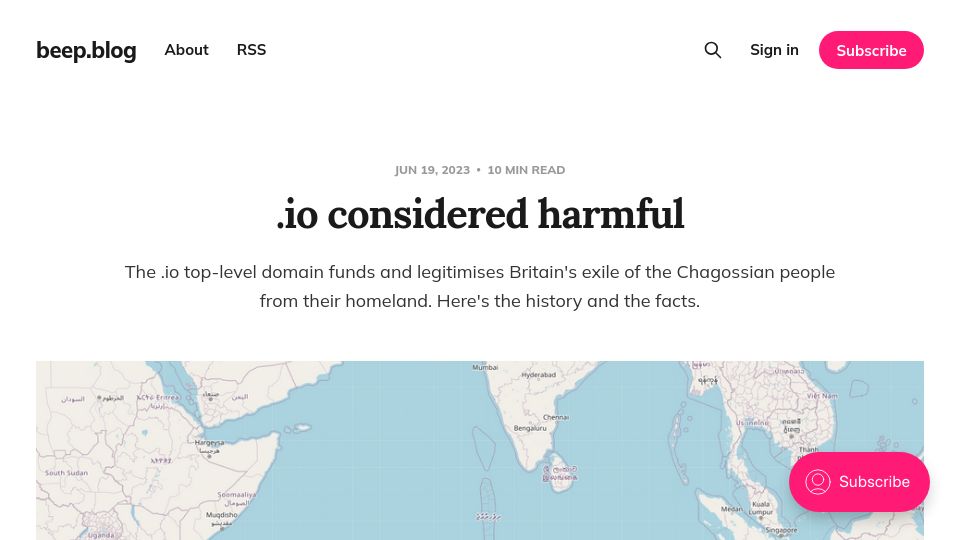 Screenshot of beep.blog: .io considered harmful
