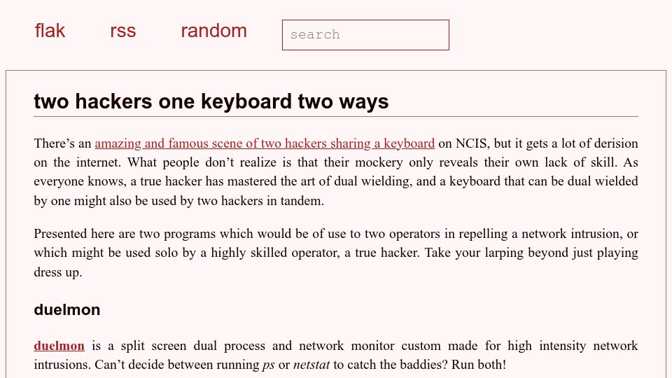 Screenshot of flak.tedunangst.com: Two hackers one keyboard two ways