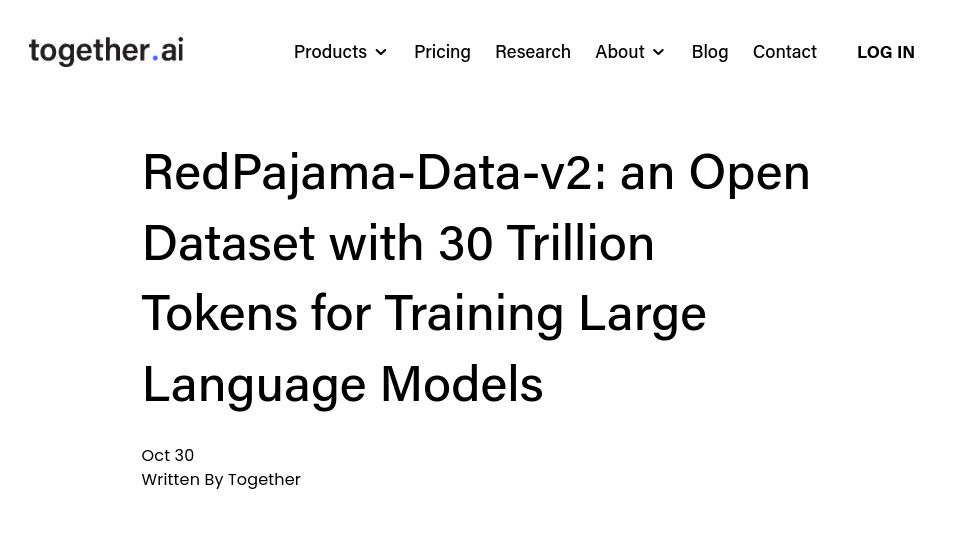 Screenshot of together.ai: RedPajama v2 Open Dataset with 30T Tokens for Training LLMs