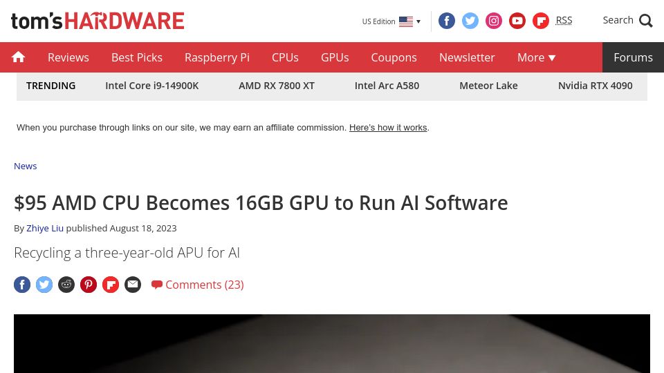 Screenshot of tomshardware.com: $95 AMD CPU Becomes 16GB GPU to Run AI Software