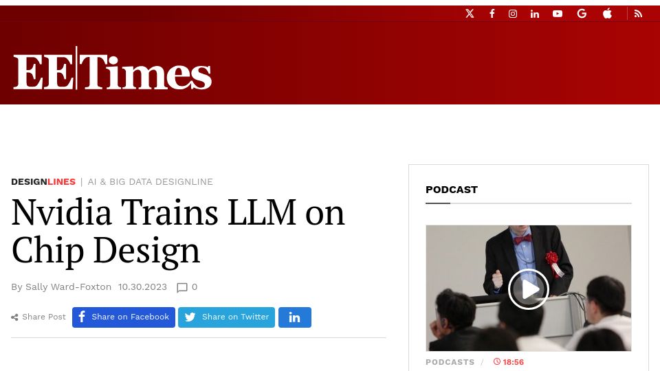 Screenshot of eetimes.com: Nvidia Trains LLM on Chip Design