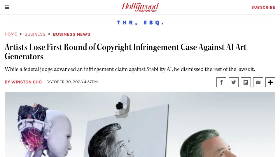 Screenshot of hollywoodreporter.com: Artists Lose First Round of AI Art Copyright Infringement Case