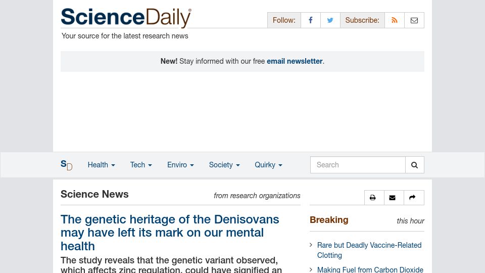 Screenshot of sciencedaily.com: Genetic heritage of the Denisovans may have left its mark on our mental health