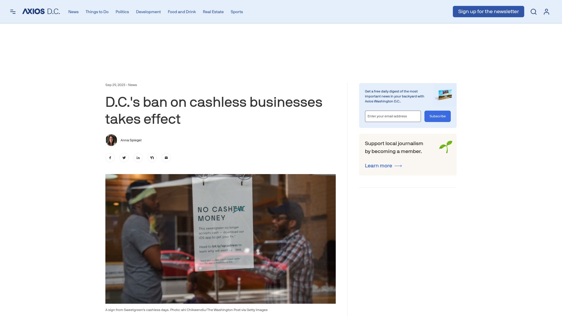 Screenshot of axios.com: D.C.'s ban on cashless businesses takes effect