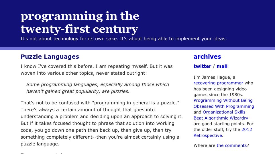 Screenshot of prog21.dadgum.com: Puzzle Languages (2009)