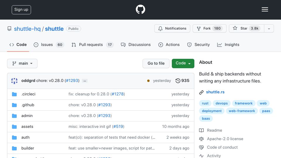 Screenshot of github.com: Show HN: Shuttle – Build and ship backends without writing infrastructure files