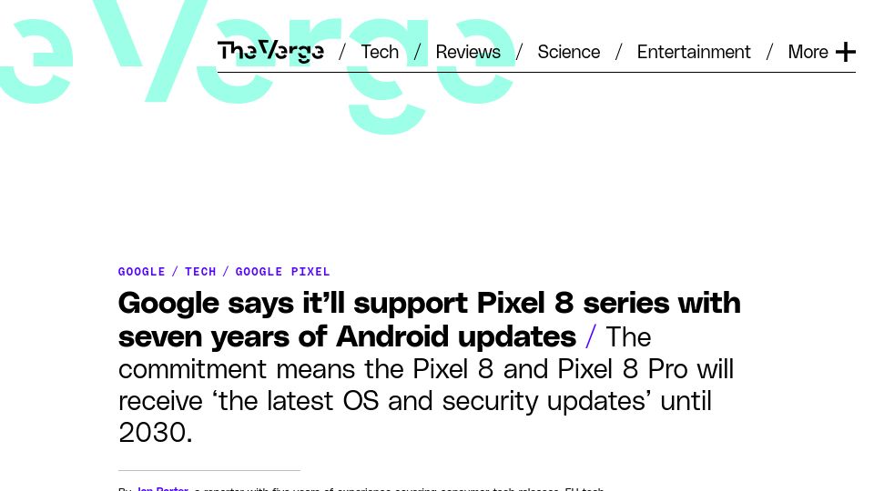 Screenshot of theverge.com: Pixel 8 to have seven years of Android updates
