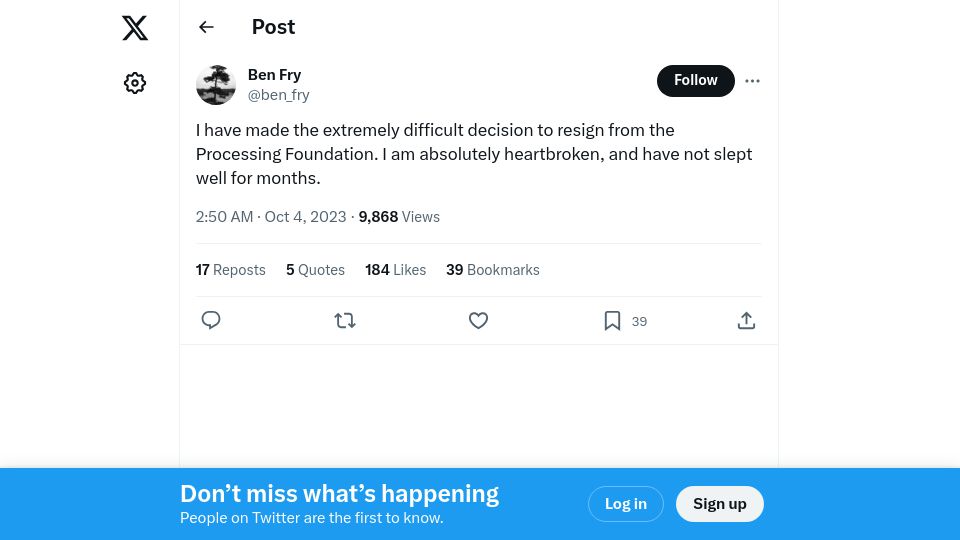 Screenshot of twitter.com: Ben Fry Resigns from the Processing Foundation