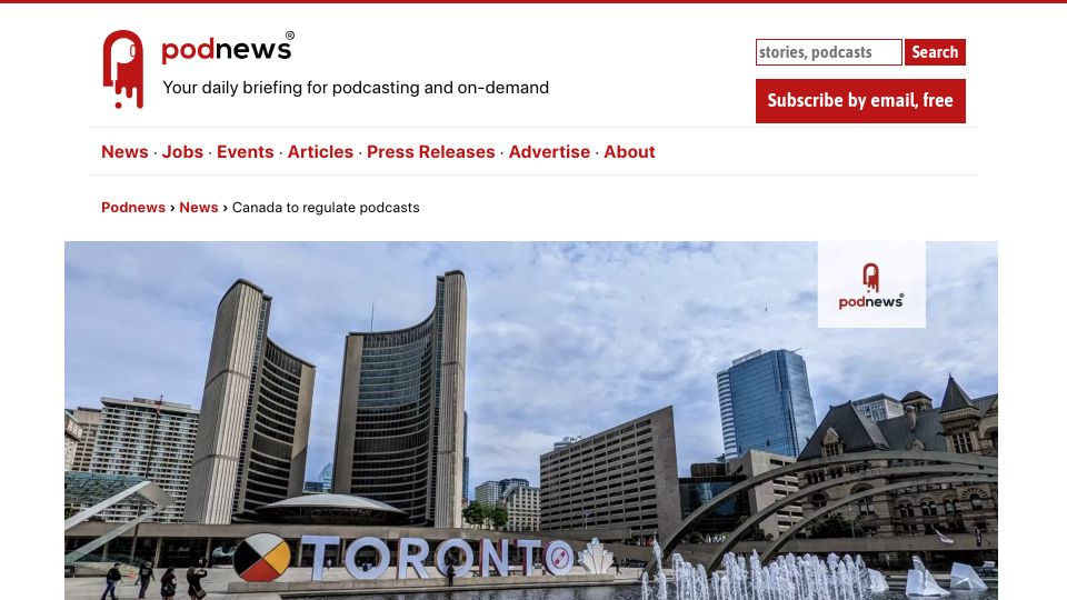 Screenshot of podnews.net: Canada to Regulate Podcasts