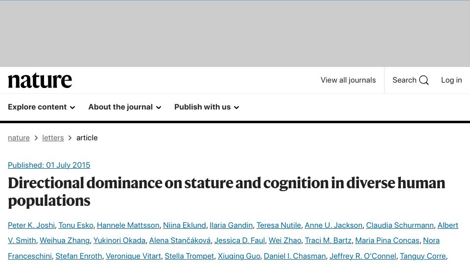 Screenshot of nature.com: Directional dominance on stature and cognition in human populations (2015)