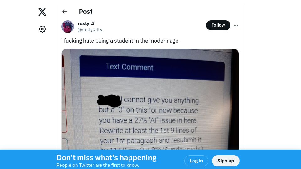 Screenshot of twitter.com: "You have a 27% 'AI' issue in here"
