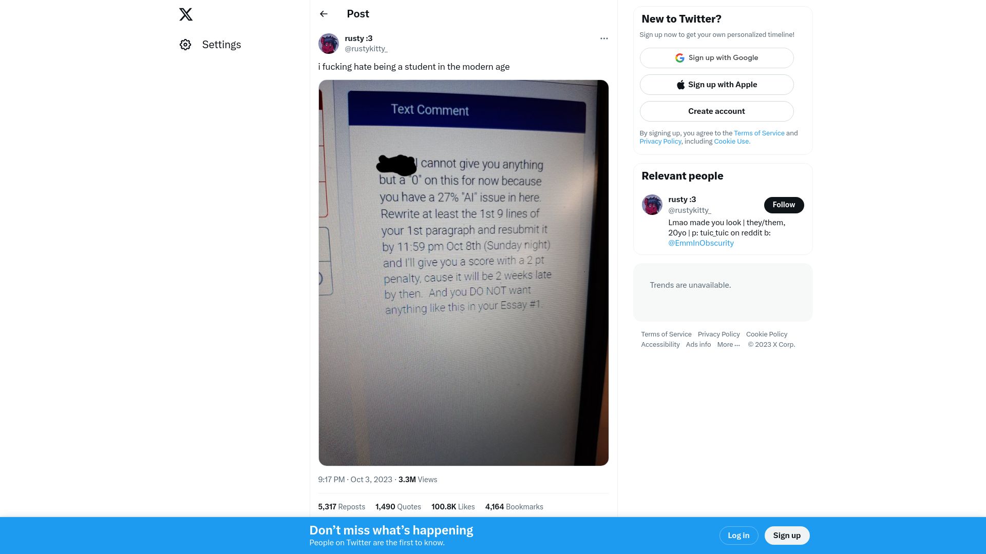 Screenshot of twitter.com: "You have a 27% 'AI' issue in here"