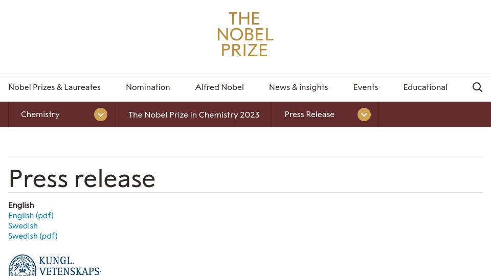 Screenshot of nobelprize.org: Nobel Prize Chemistry 2023