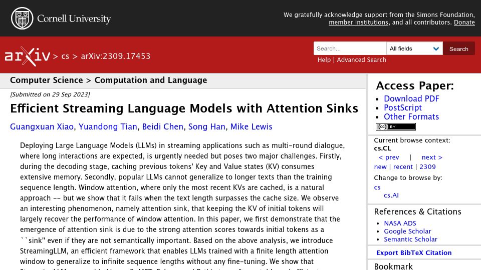 Screenshot of arxiv.org: StreamingLLM: Efficient streaming technique enable infinite sequence lengths