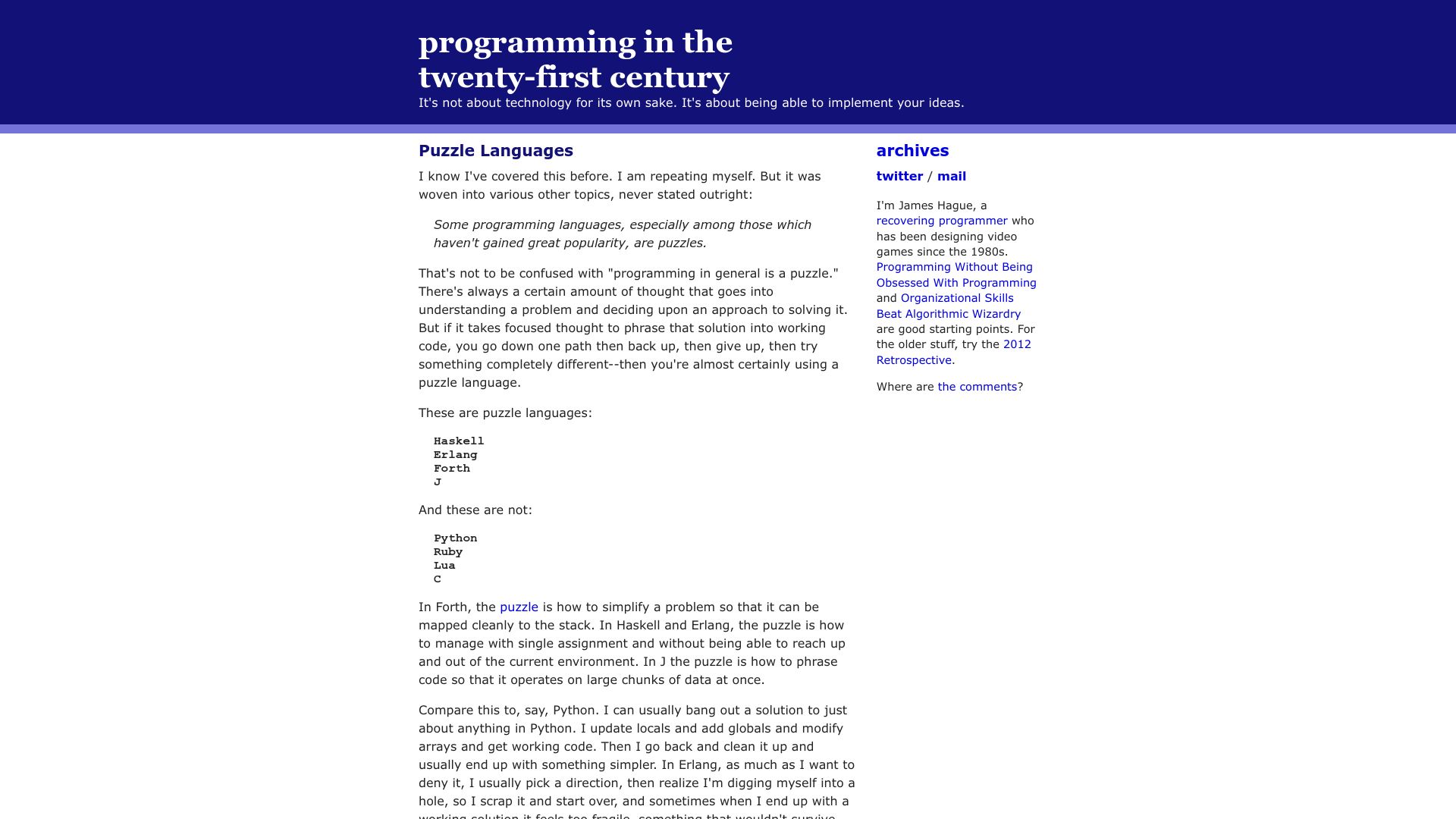 Screenshot of prog21.dadgum.com: Puzzle Languages (2009)