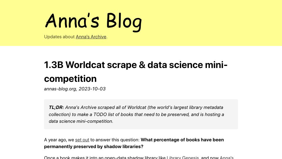Screenshot of annas-blog.org: 1.3B Worldcat scrape and data science mini-competition
