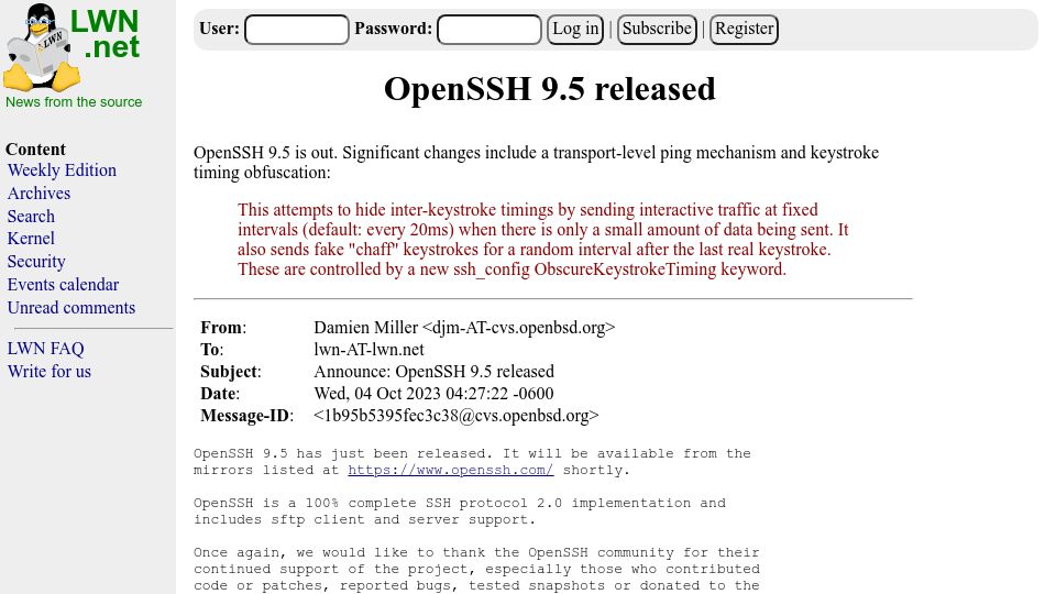 Screenshot of lwn.net: OpenSSH 9.5 released with keystroke timing obfuscation