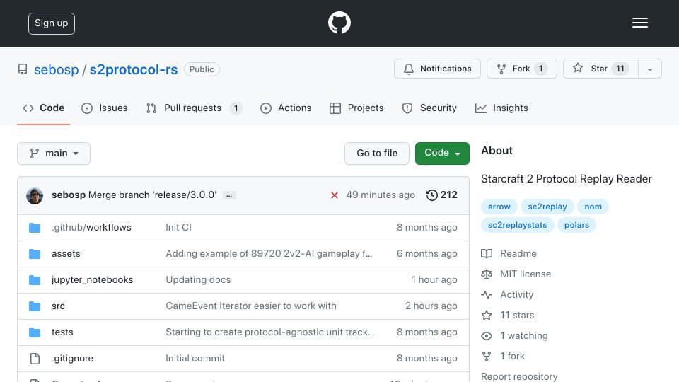Screenshot of github.com: Show HN: A nom parser for the Starcraft 2 Protocol Replay format